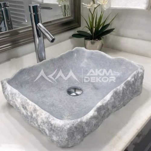 Gri Natural Patlatma Köşeli Mermer Lavabo